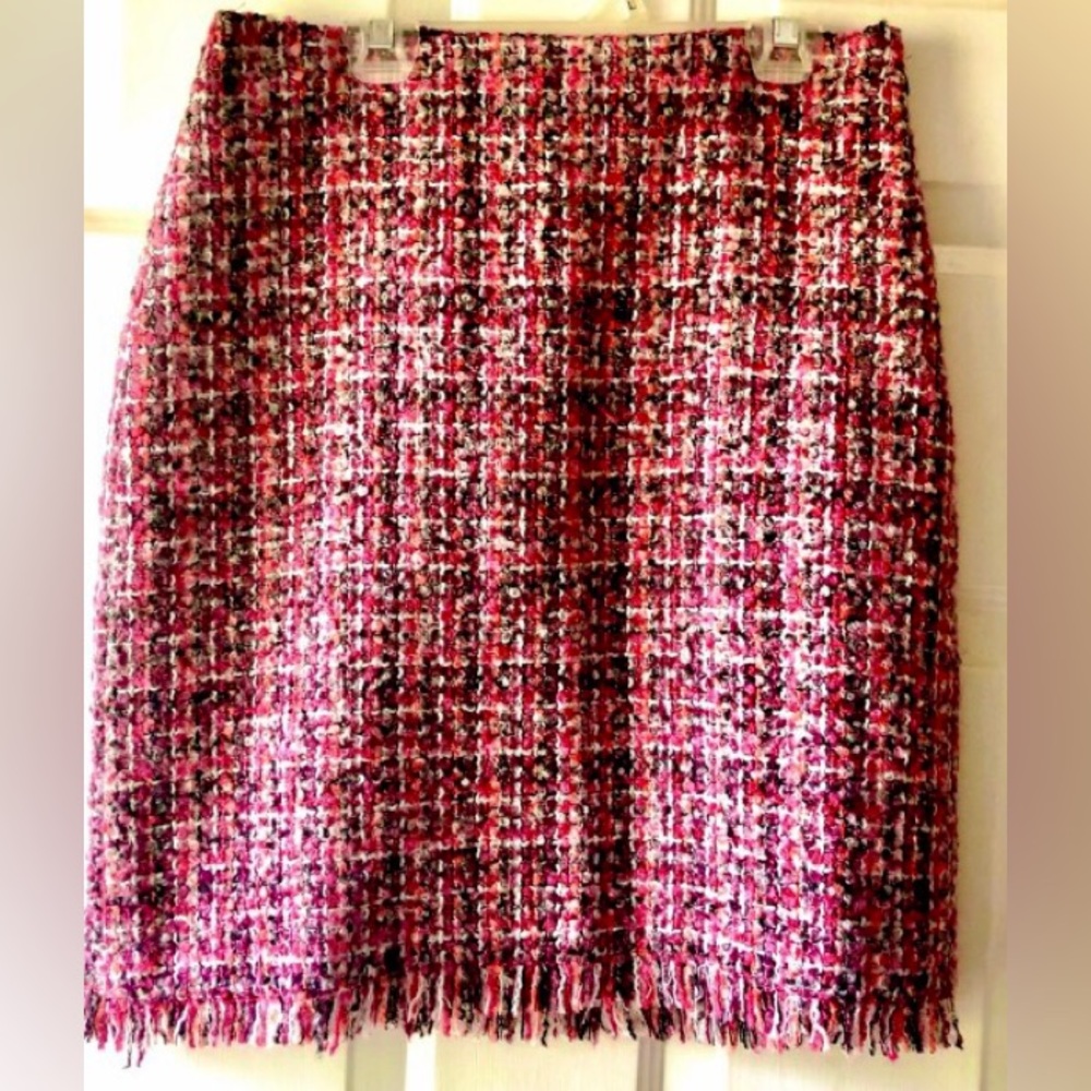 Talbots Gray Plum Purple Orange Mix Tweed Fringe Hem Skirt Size 2 XS Wool Blend
